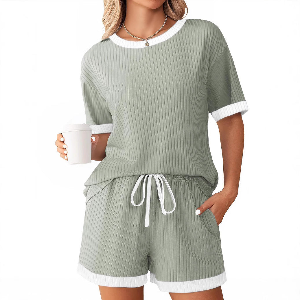 Solid-color Ribbed Patchwork Color-block Pajama Short-sleeve Loungewear Set
