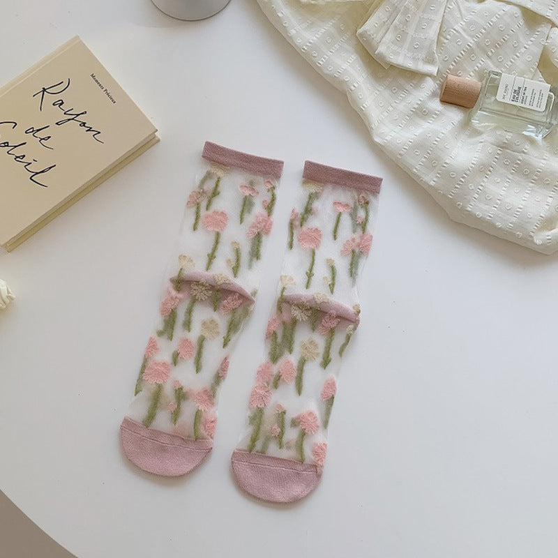 Spring And Summer Ultra-thin Breathable Retro Large Flower Spun Glass Mid-calf Socks Crystal Long Socks
