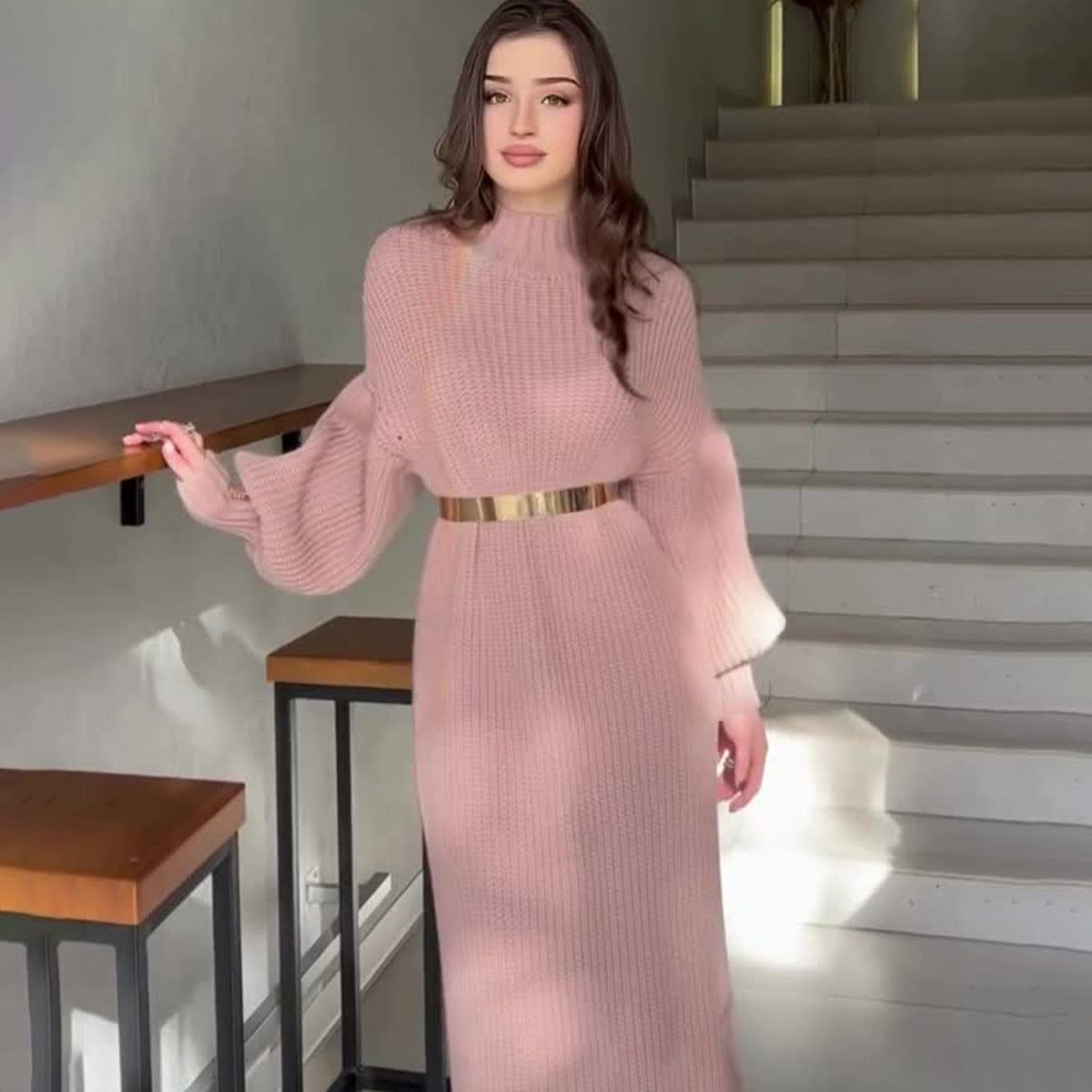 Half Turtleneck Pullover Knitting Long Skirt