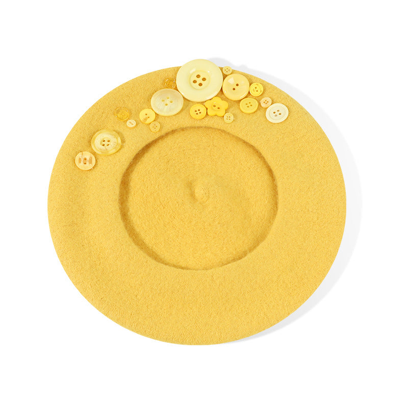Personalized Yupi Wool Beret Trendy Colorful Button Niche Ladies