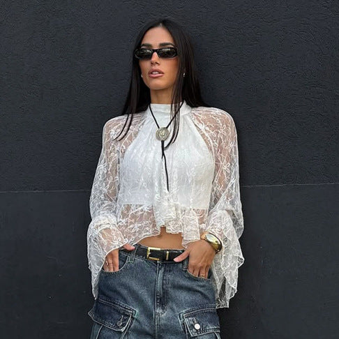 White Lace Jacquard Sheer High-neck Workwear Relaxed-style Long-sleeve Shirt