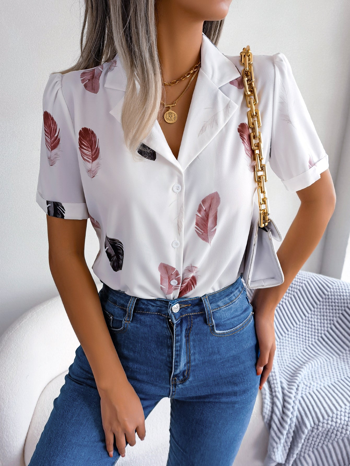 Women   Elegant Notched Lapel Feather Loose Short Sleeve Shirt