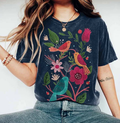 Flower And Bird PrintRound Neck Short Sleeve T-shirt