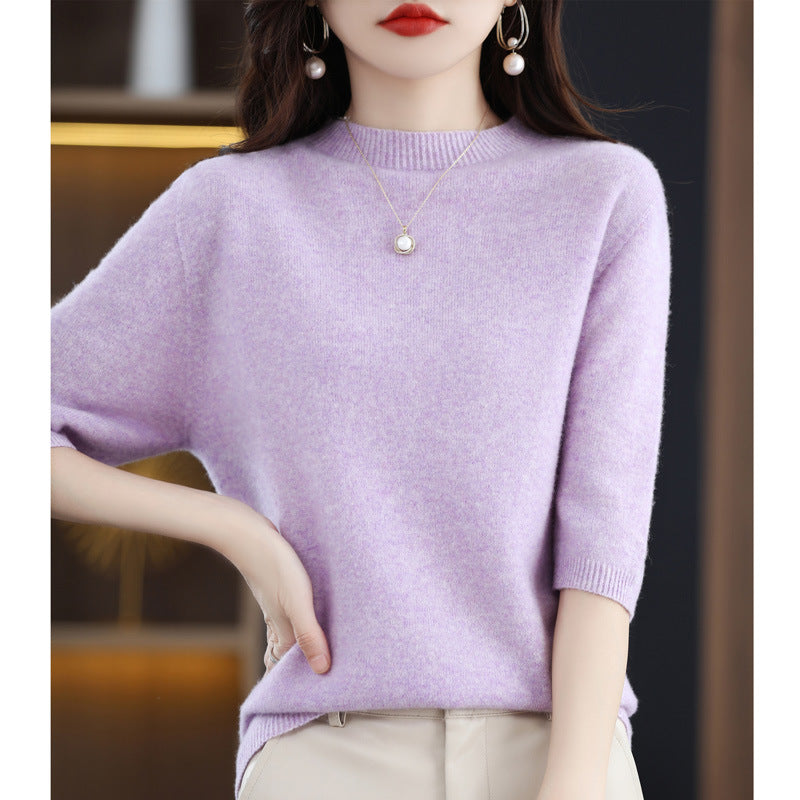 Pure Wool Women's Half Turtleneck Short Pullover Base Knitwear Three-quarter Sleeve Sweater
