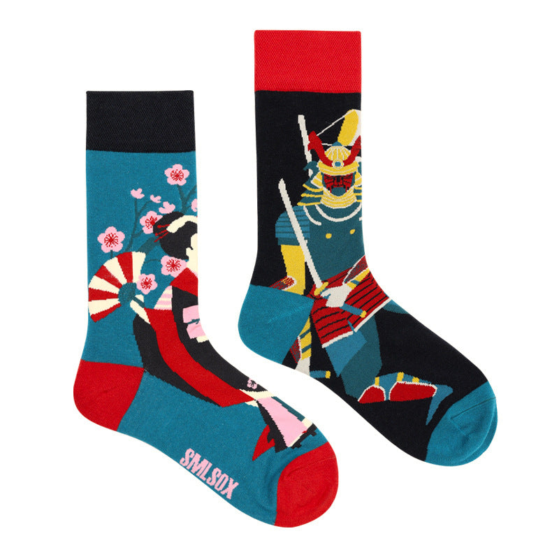 Asymmetrical Color Retro Personality Male And Female Couple Mid-length Cotton Socks
