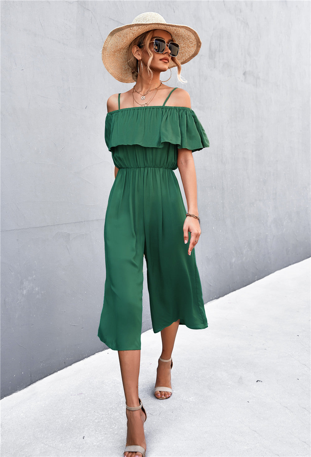 Solid Color One-Shoulder Loose Casual Sling Jumpsuit