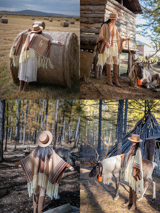 Retro Etno-inspireret Omvendt Strikket Poncho og Sjal Cardigan