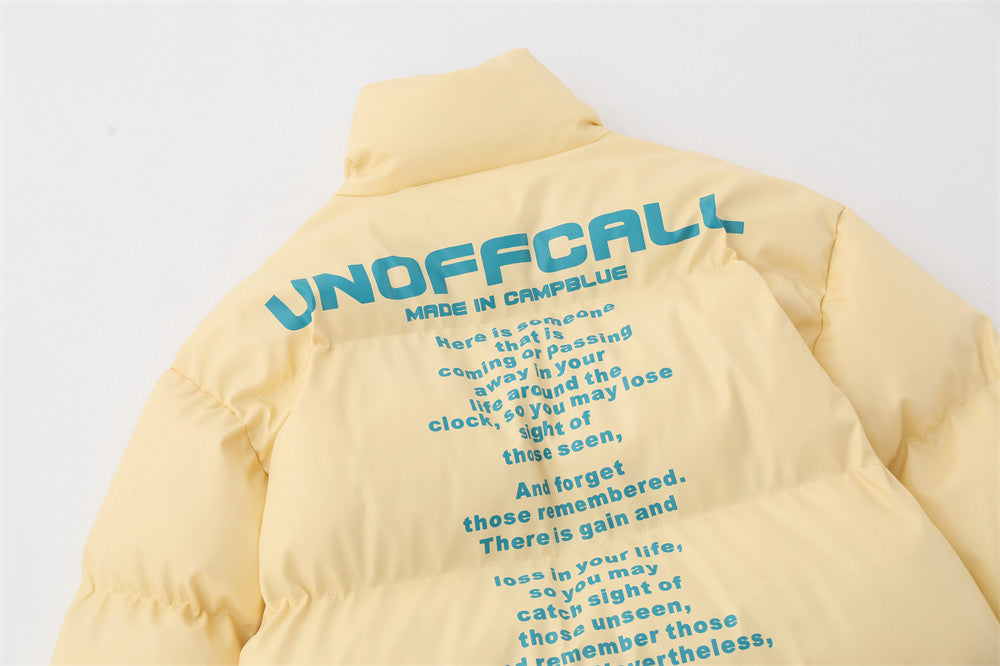 English Letters Printed Street Stand Collar Two-way Loose Zip Cotton-padded Coat