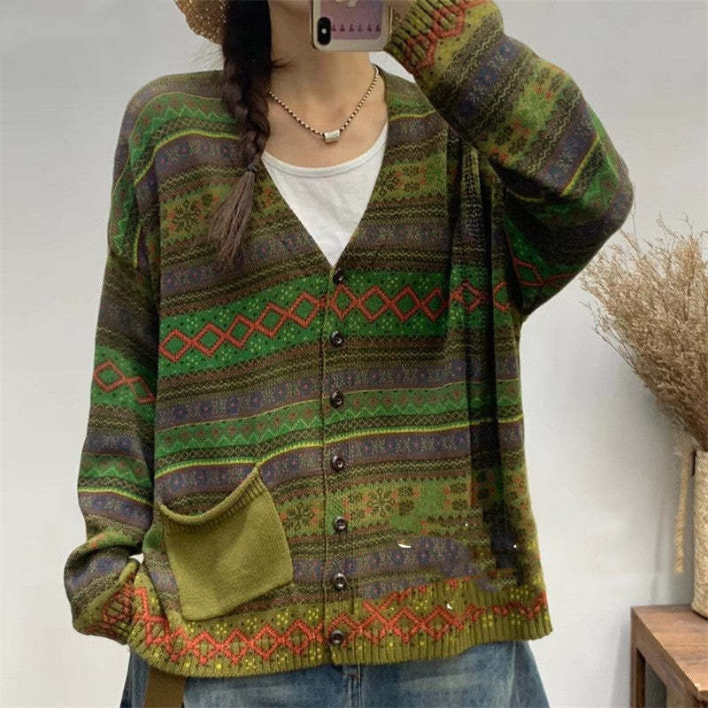 Striped Cotton Printed Pocket V-neck Sweater Cardigan