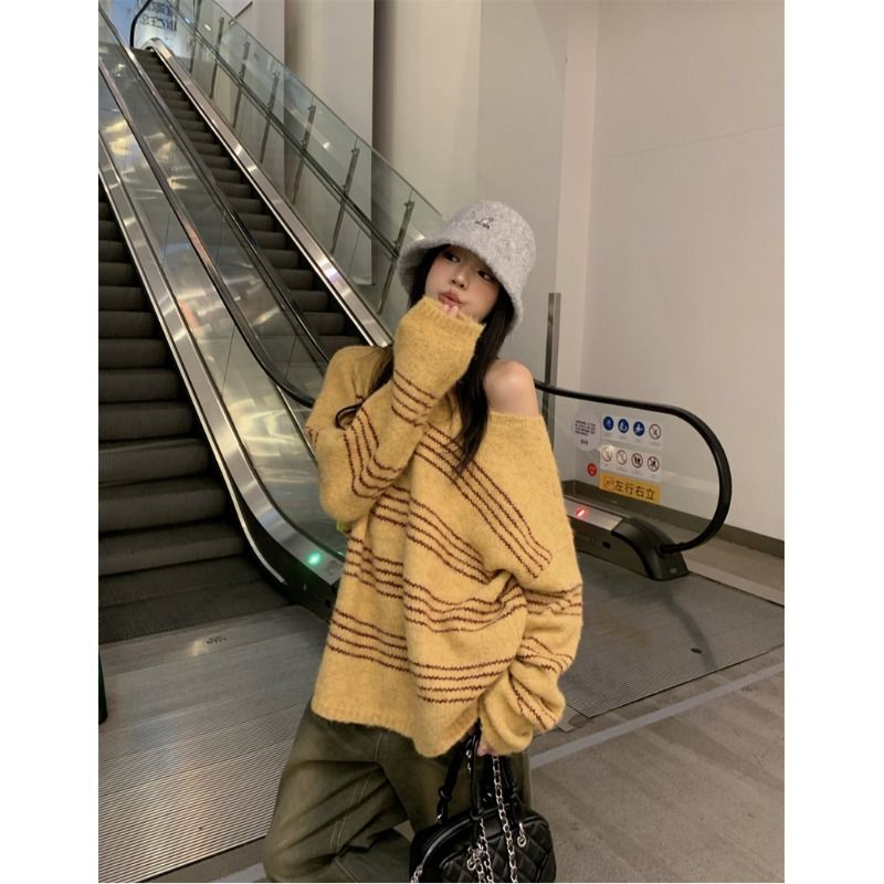 Lazy Style Striped Color-blocking Off-shoulder Knit Sweater Women's New Springautumn Style
