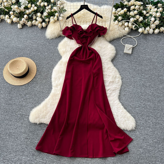 Off-the-shoulder Strap Mesh Patchwork Waist-cinched Slit Dress