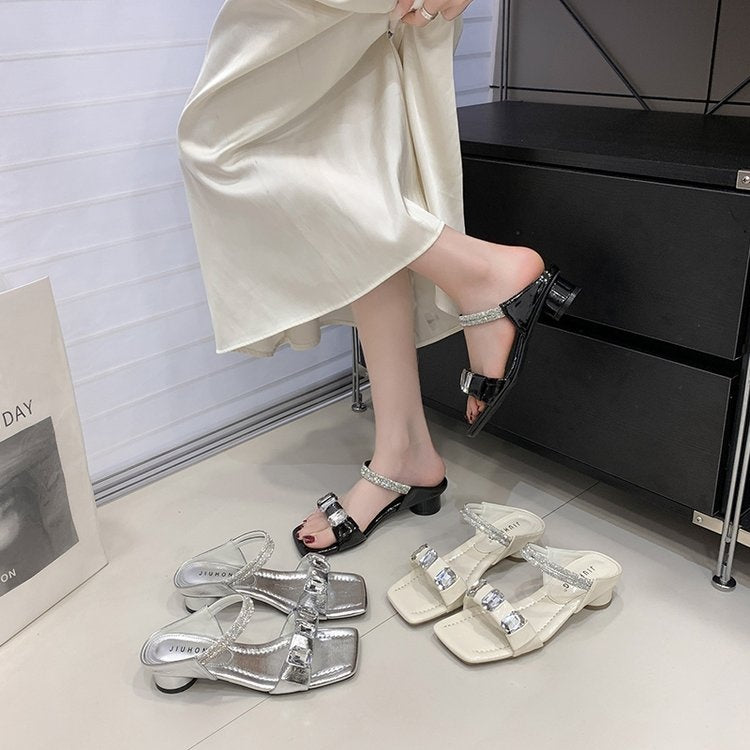 Early Spring Fairy-Inspired Crystal & Rhinestone Sandals For Women, Sheer One-Strap Mid Block Heel Design, Trendy Outdoor Fashion Shoes