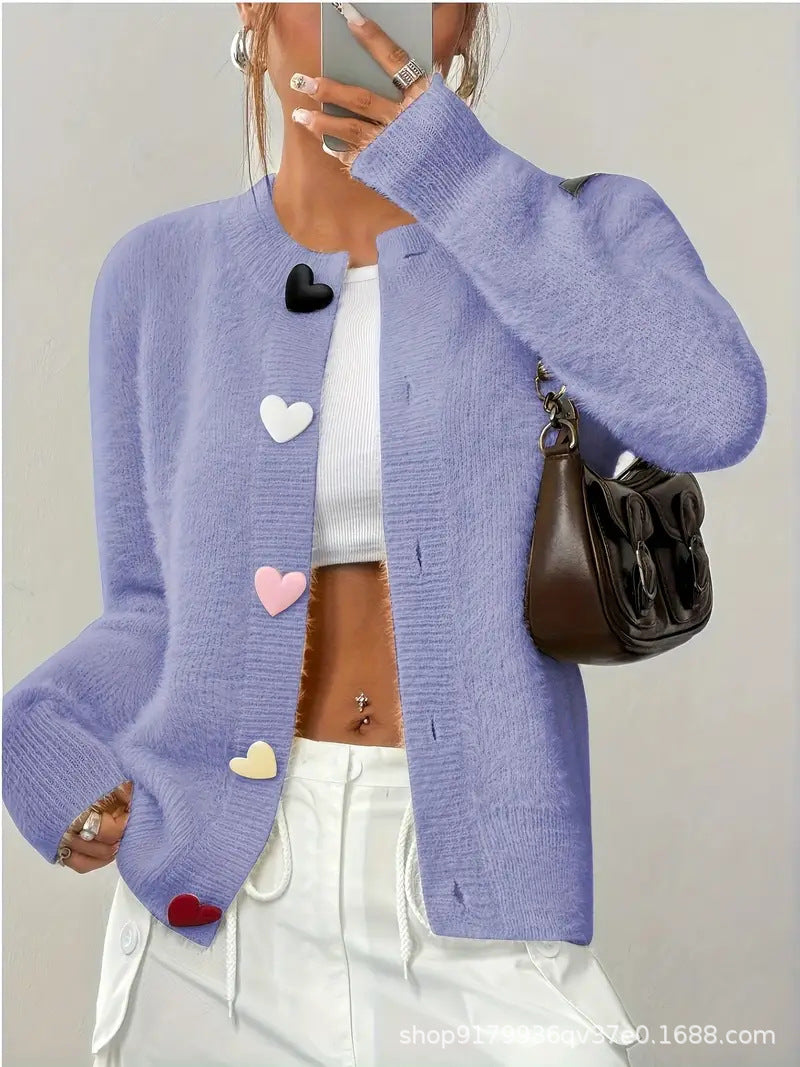 Crew Neck Casual Color Heart-shaped Button Sweater