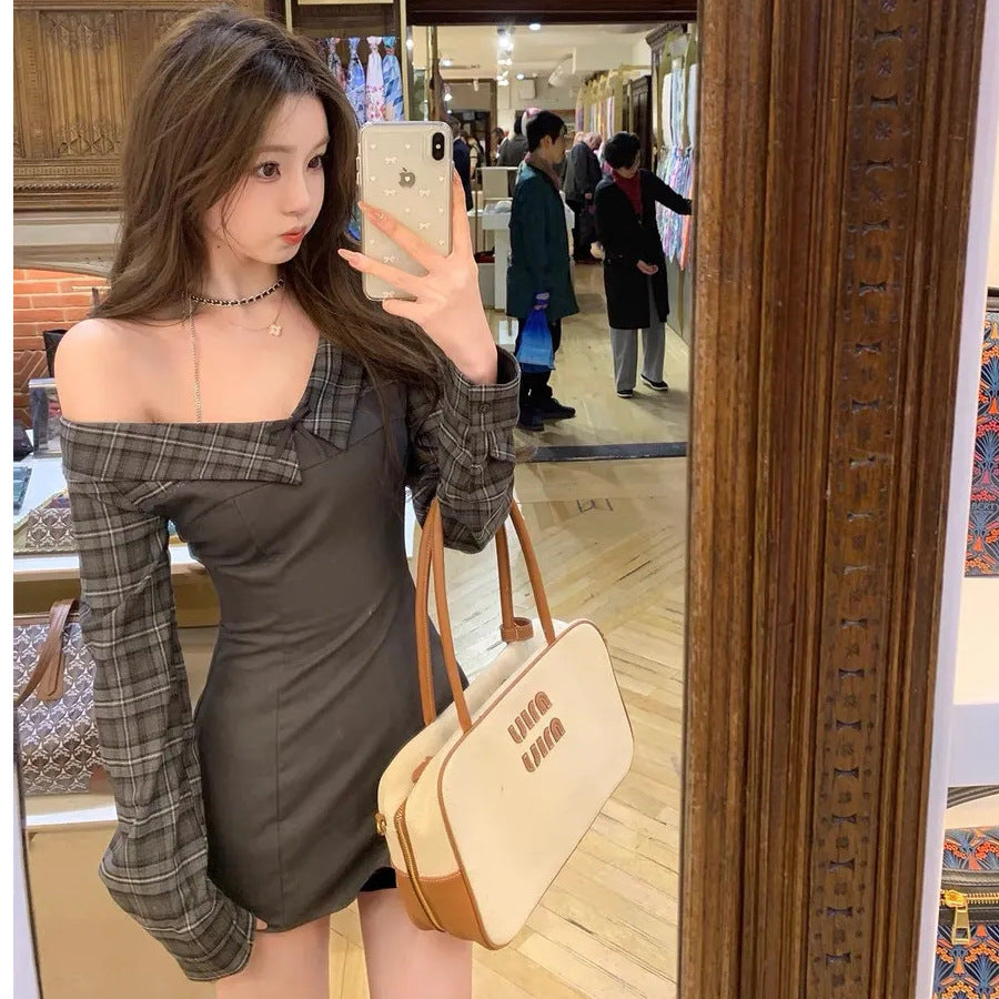 Retro Plaid Patchwork Mock Two-Piece Off-Shoulder Bodycon Mini Skirt