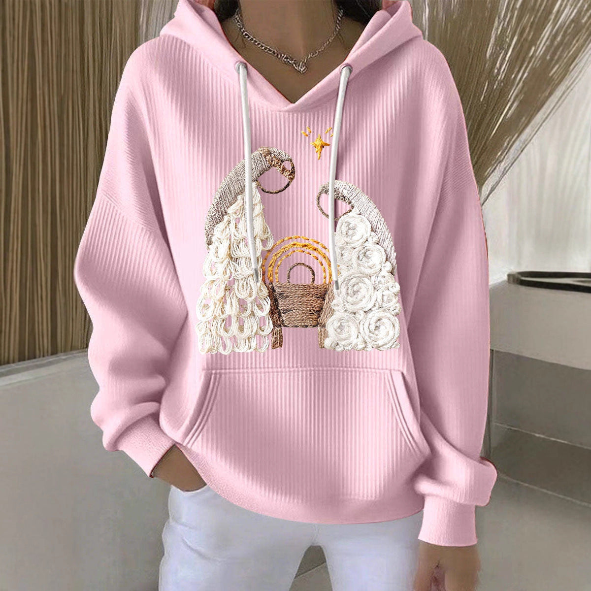 Kvinders afslappede løse mode-waffle-sweatshirt med rund hals