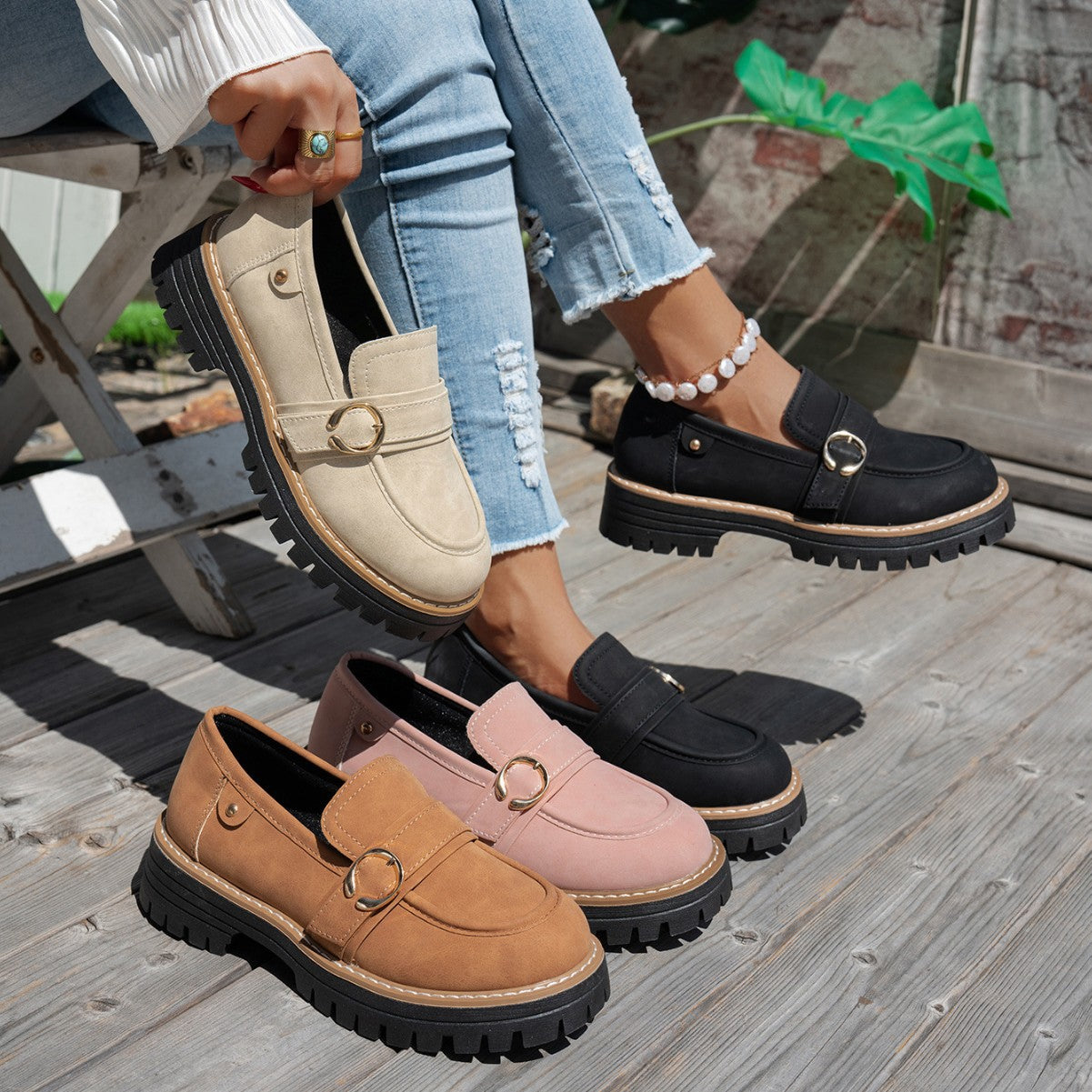 Buckle Thick Bottom Low Cut Round Head Pumps