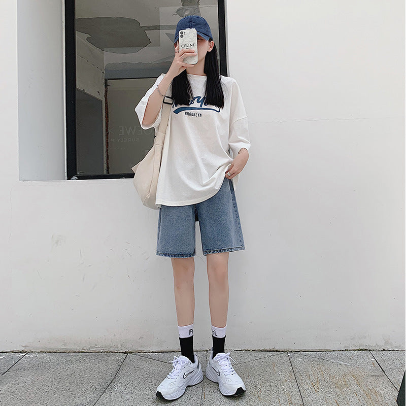 Dame High Waist Løse Denimshorts med Brede Ben