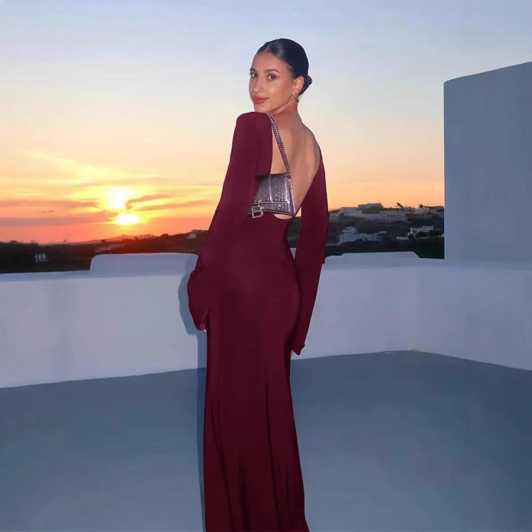Long Sleeve Solid Color Round Neck Beach Dress