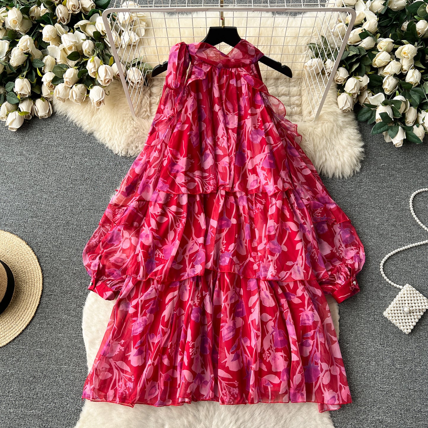 Rare Vacation-style Floral Chiffon Dress