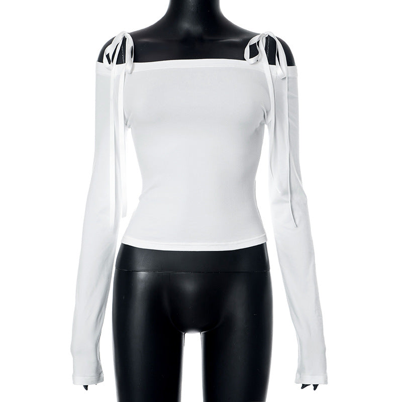 Pure Desire Style Lace-up Bow Off-shoulder Long Sleeve Backless Sexy Top Women's Clothing