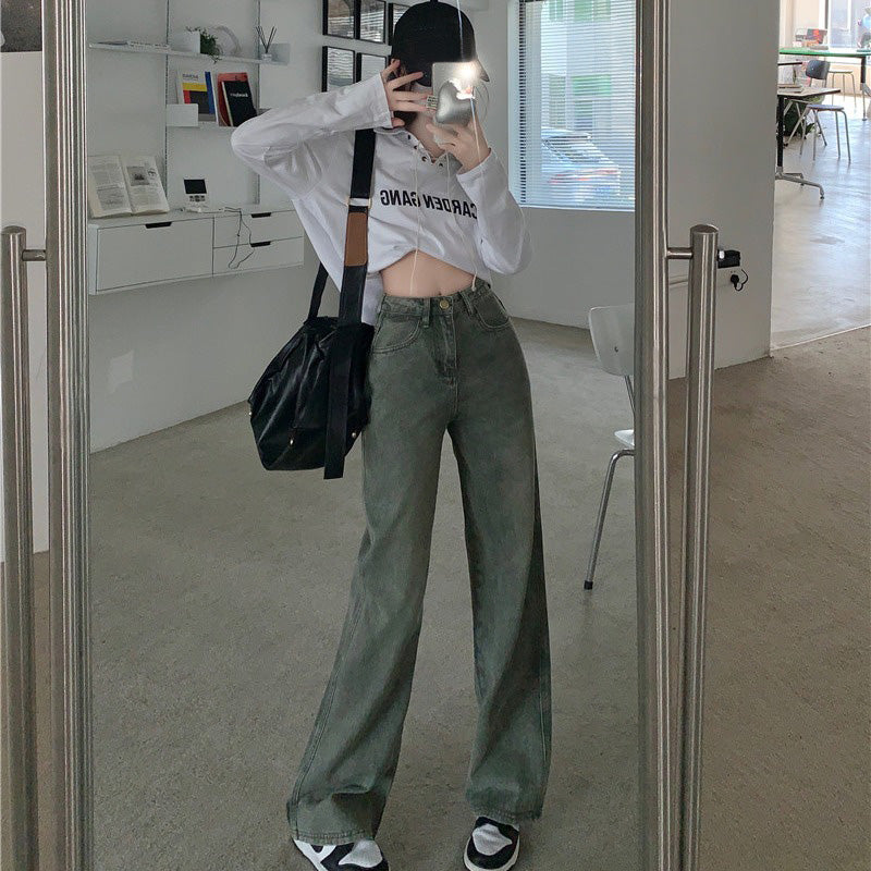 High-waisted Loose Do-it-yourself Skinny Straight Jeans