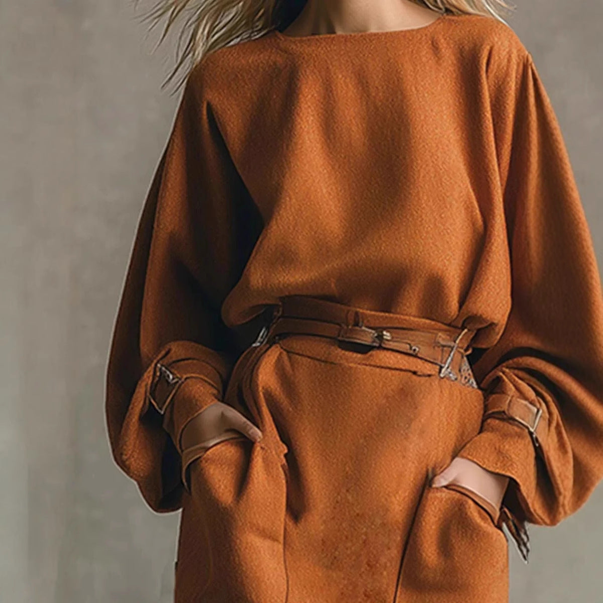 Crew-neck Long-sleeve Top Pocketed Skirt