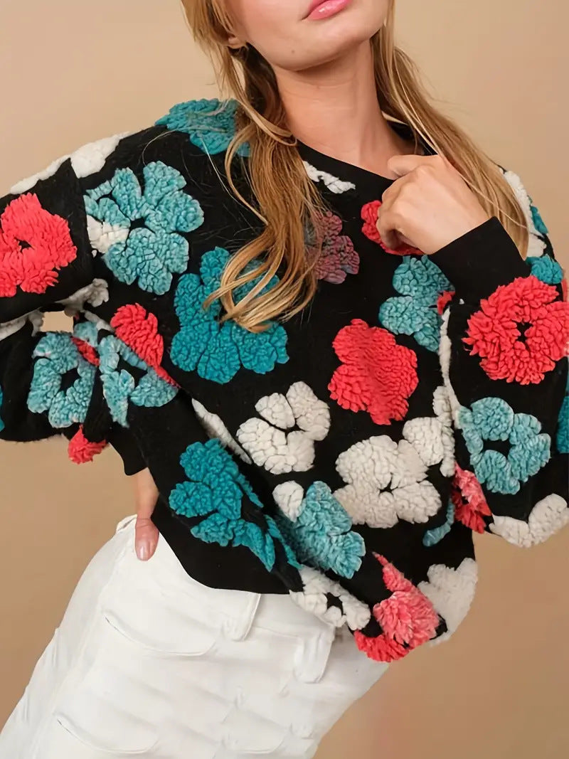 Retro tredimensionel blomsterstrikket, løs temperamentsfuld cashmere-sweater