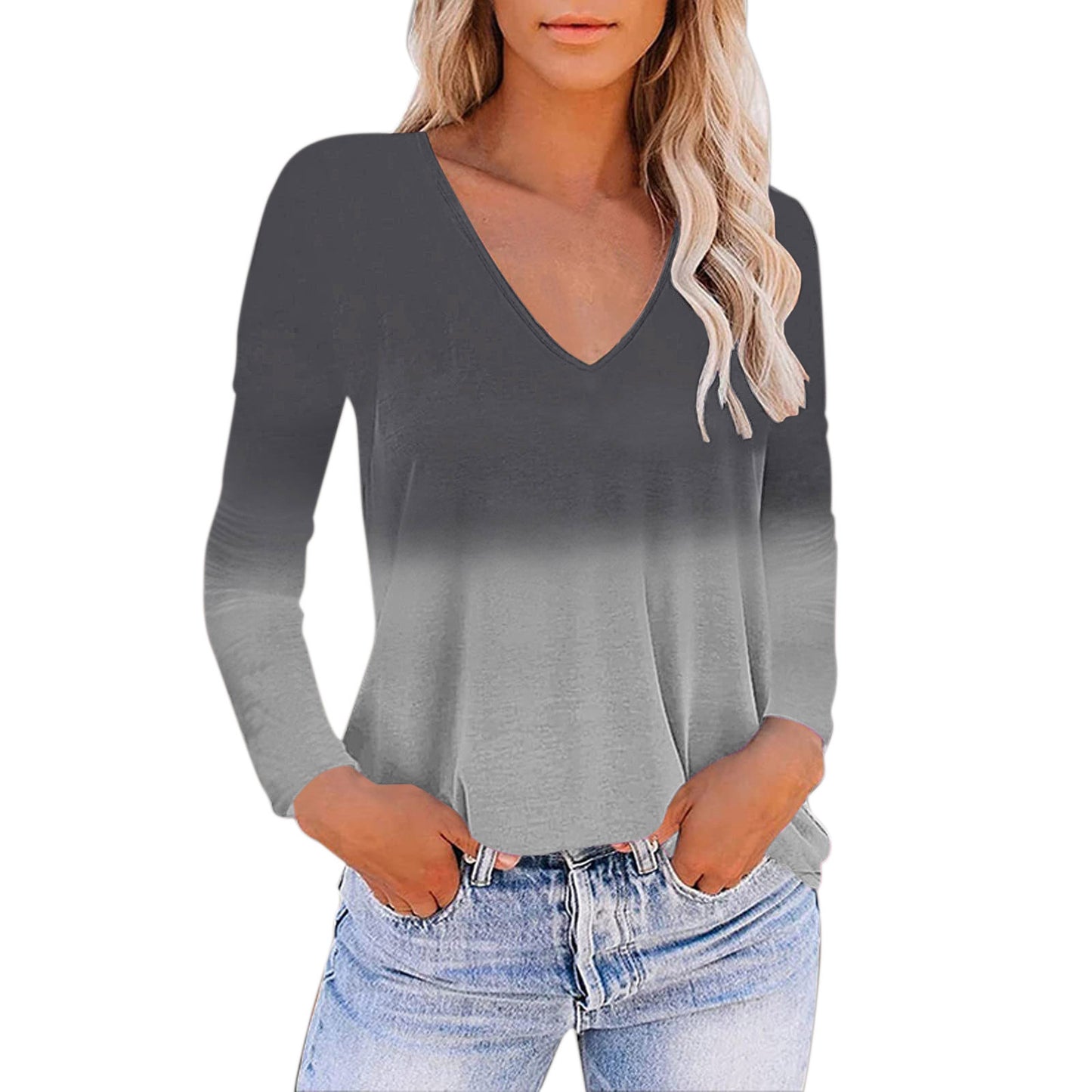 European And American Women's V-neck Gradient Print Loose T-shirt