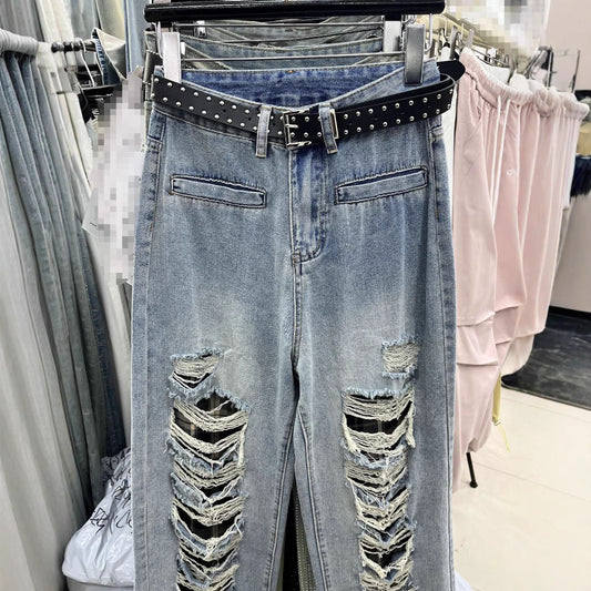 Blå Lige Jeans med Huller