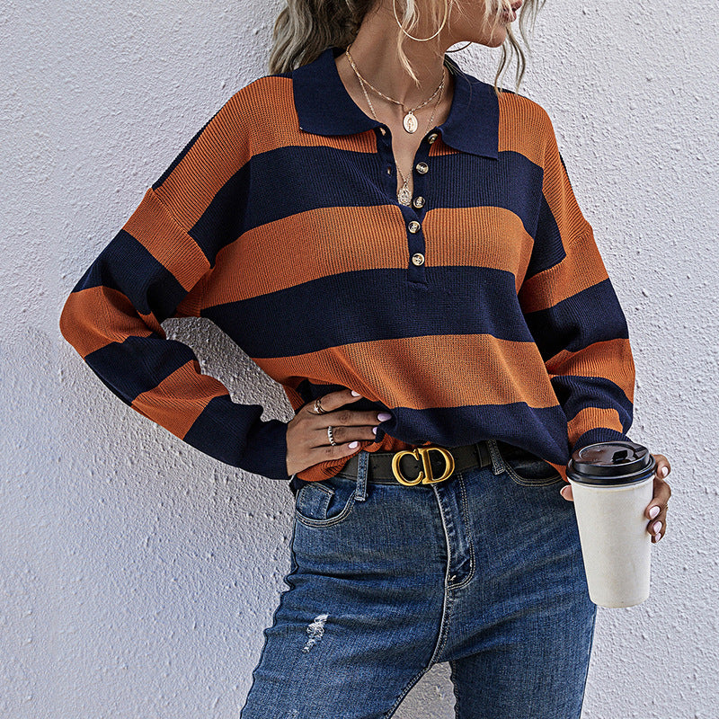Polo Collar Halloween Top Women's European And American Ladies Long-sleeved Striped Sweater