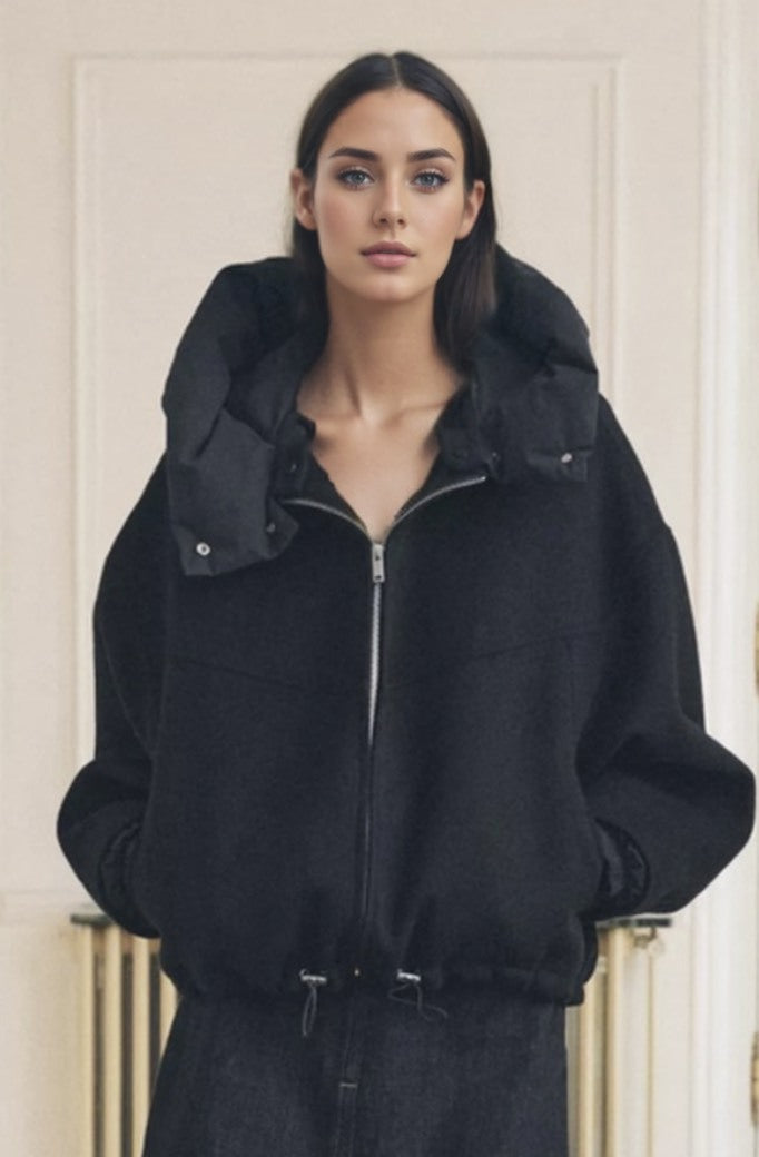 Patchwork Hooded Short Woolen Fashion Black Coat
