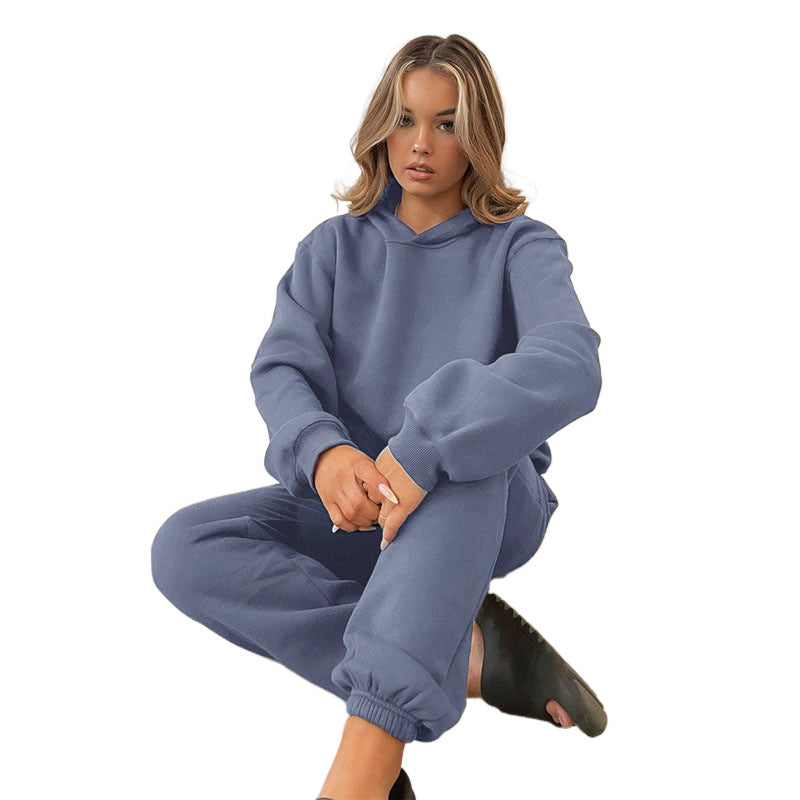 Solid-color Hooded Long-sleeve Sweatshirt And Pants Set For Fallwinter