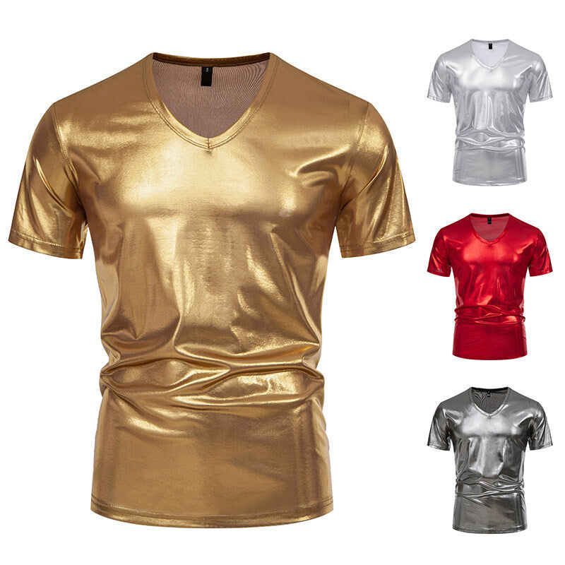 Summer Men's Glossy Bronzing T-shirt Male V-neck