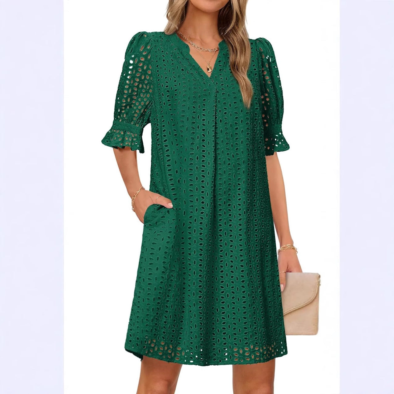 SpringSummer V Neck Pleated Collar Hollow Out Floral Lace Dress