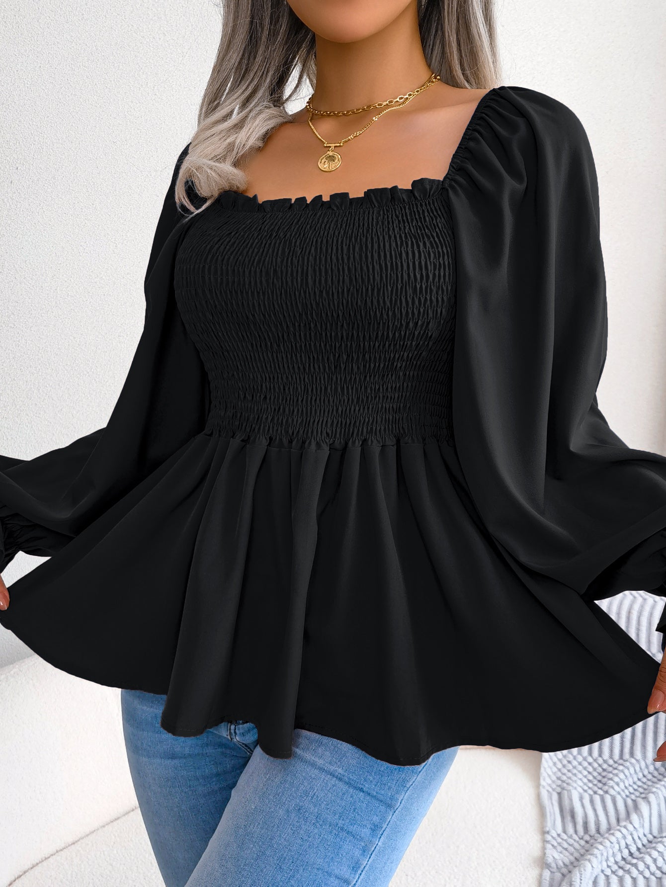 Women's Casual Ruffle Trim Square Neck Long Sleeve Chiffon Top