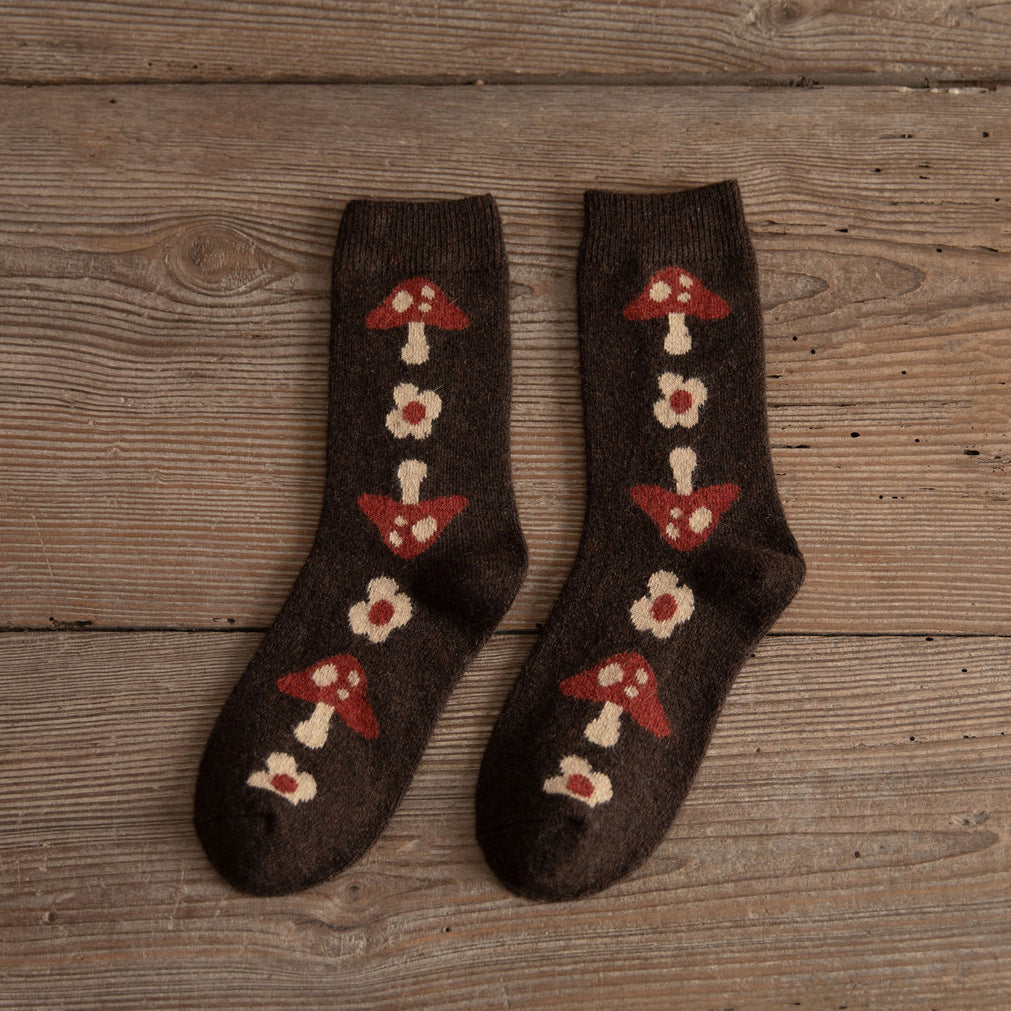 Medium Tube Thickened Brown Small Mushroom Wool Women's Socks