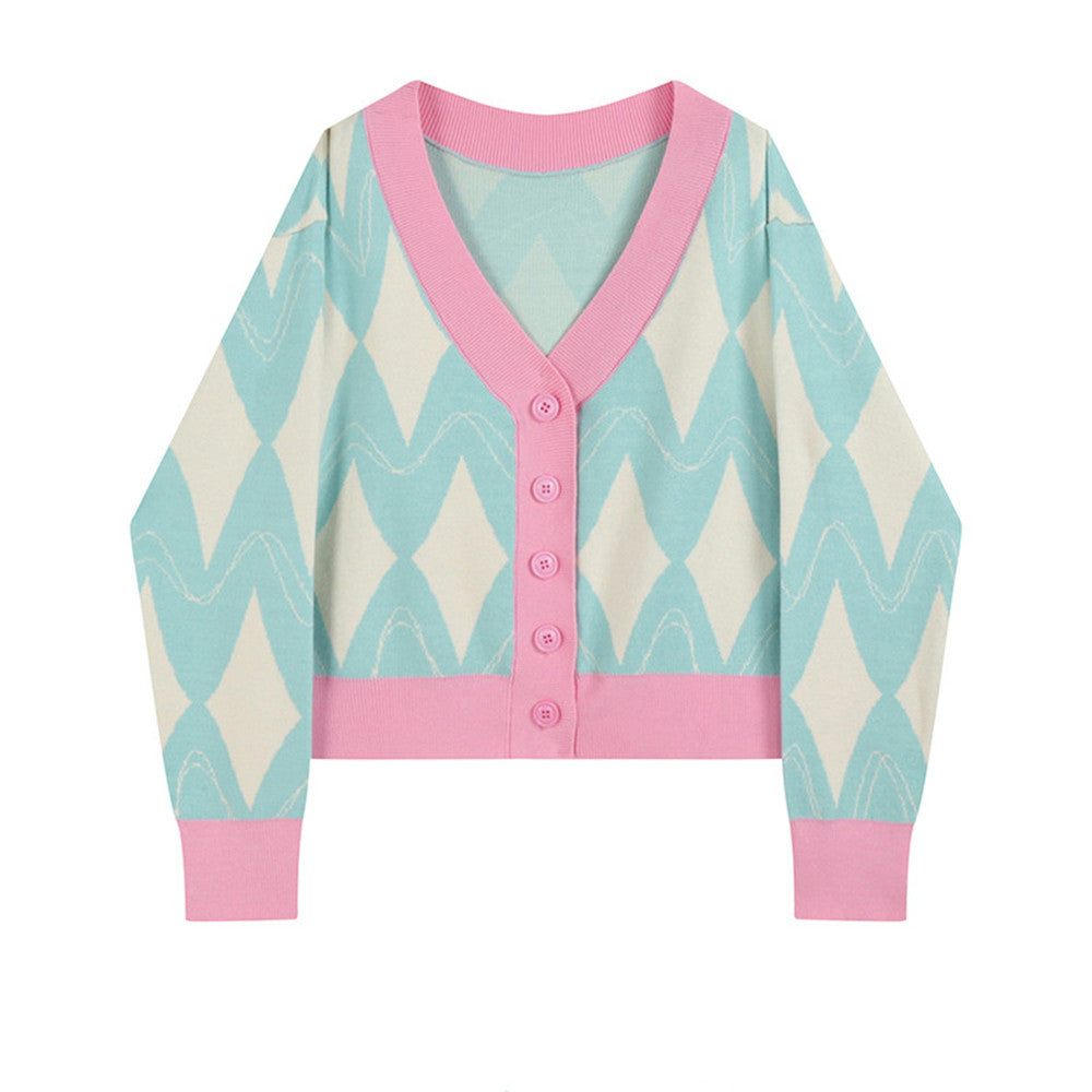 Sweet Contrast Color Knitted Sweater Women's Western Style To Reduce Age