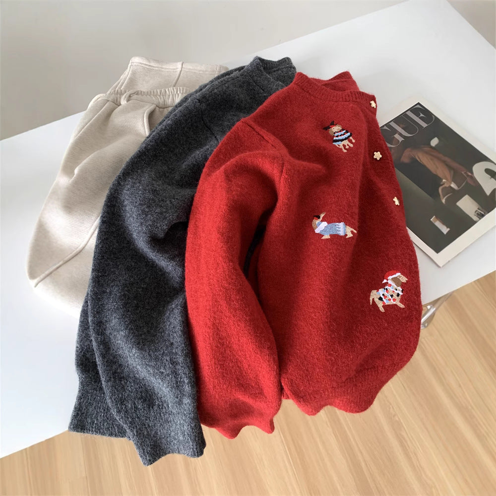 Women's Retro Machine Embroidery Christmas Red Puppy Knitted Sweater