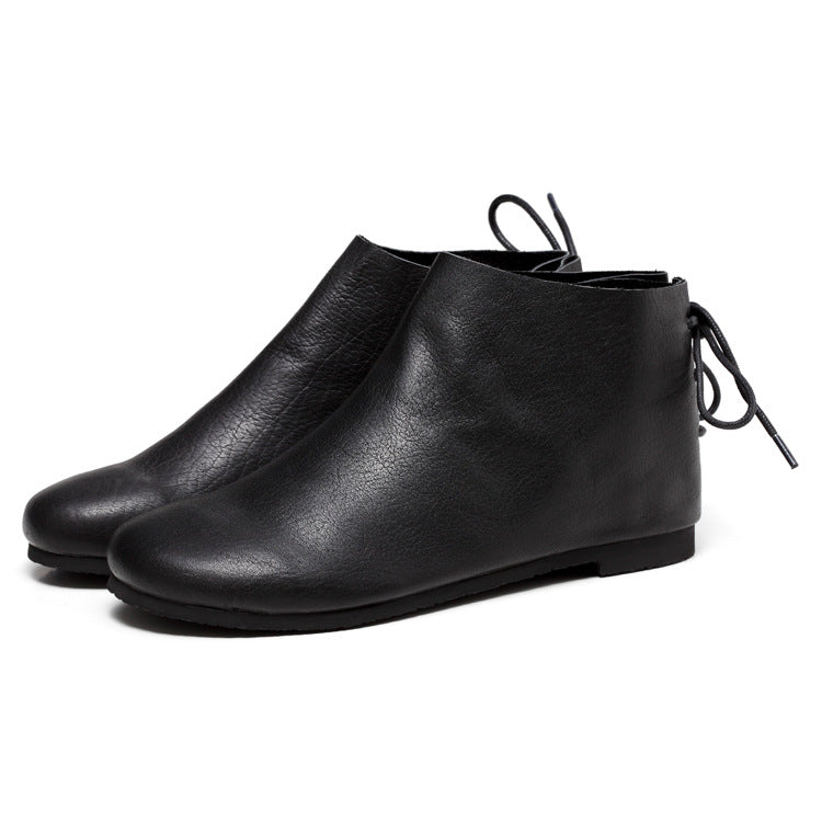Handmade Leather Short Boots Women's Soft Leather Temperament Nude Boots Retro Flat-bottomed Plus Velvet Women's Boots