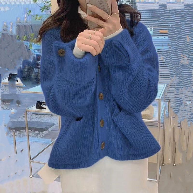 V-neck Soft Glutinous Sweater Single-breasted Loose Knitted Coat