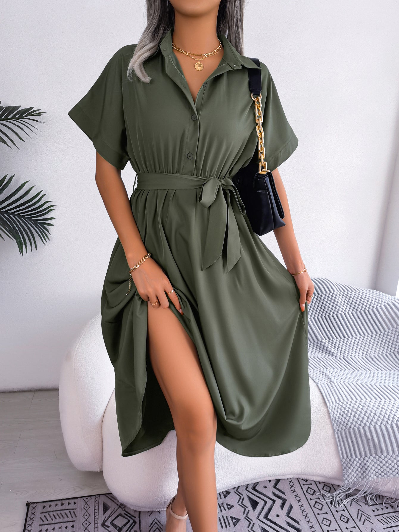 Women  Casual Loose Solid Color Tie Waist Shirt Maxi Dress