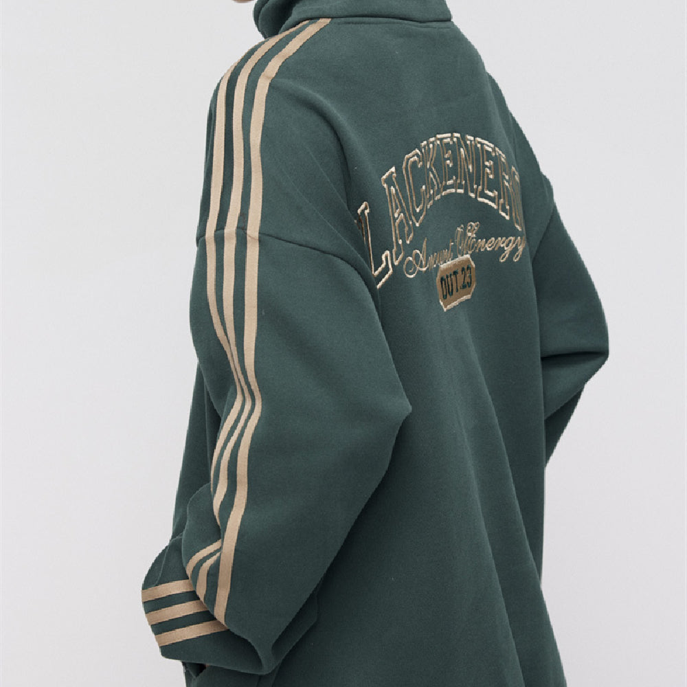 Men's American-style Retro Street Striped With Fleece Lining Half Zipper Jacket