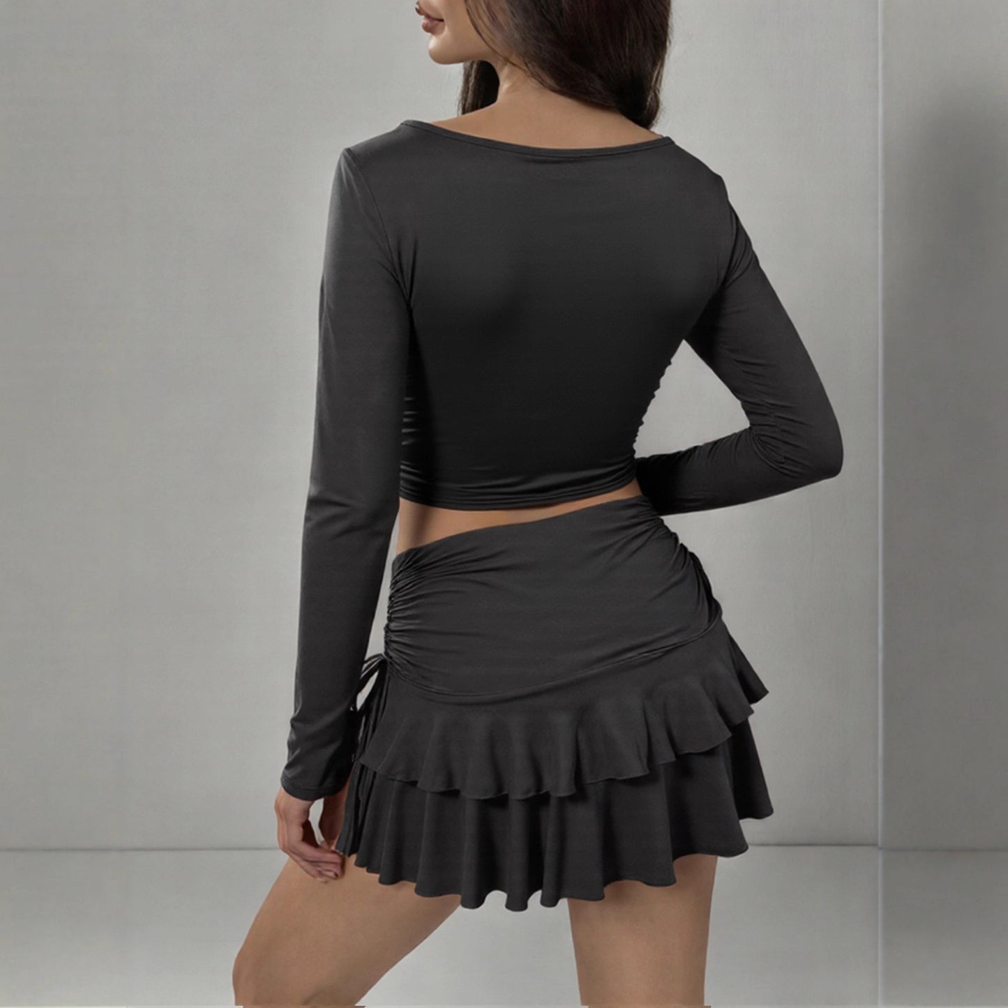 Slimming Ruched Bodycon Skirt And Long-Sleeve Top Two-Piece Set For Women