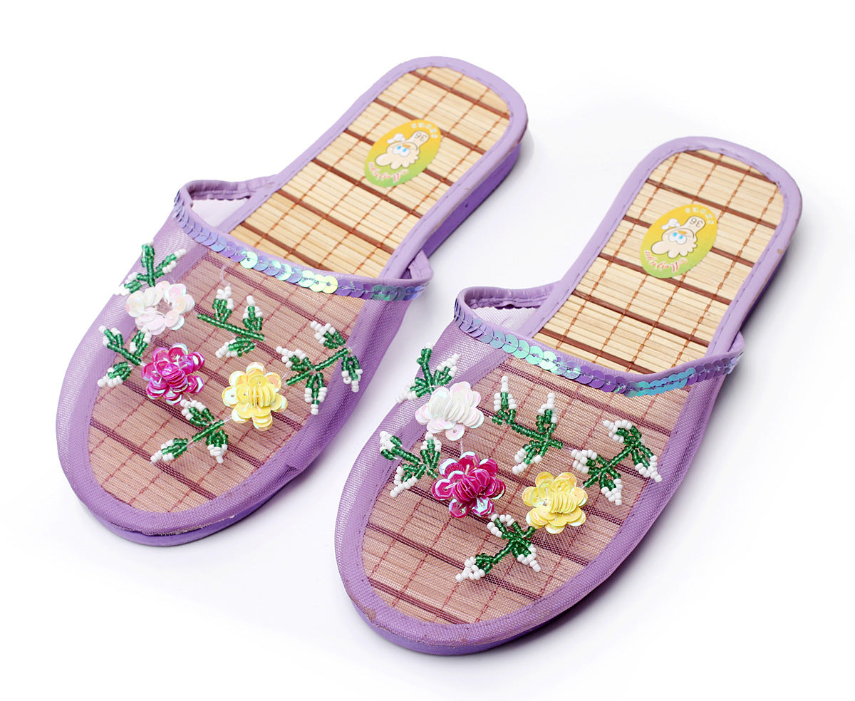 Hand-embroidered Beaded Silk Mesh Slippers