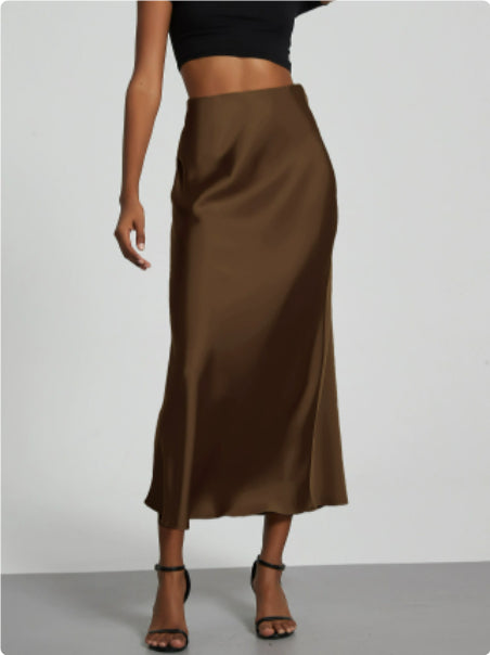 Dame Slim Fit Satin Nederdel Mode Smart Ensfarvet Lang Nederdel
