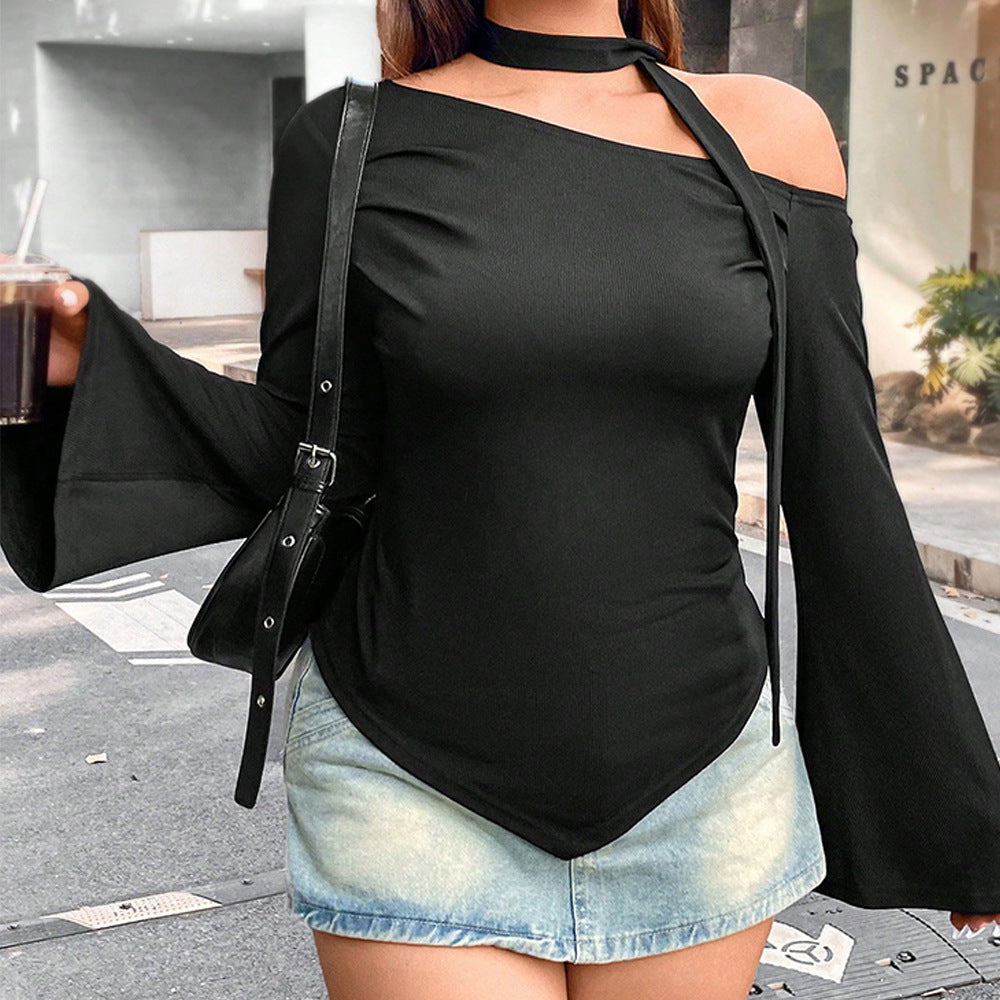 Dame, uregelmæssig, langærmet, kort, figursyet off-shoulder top