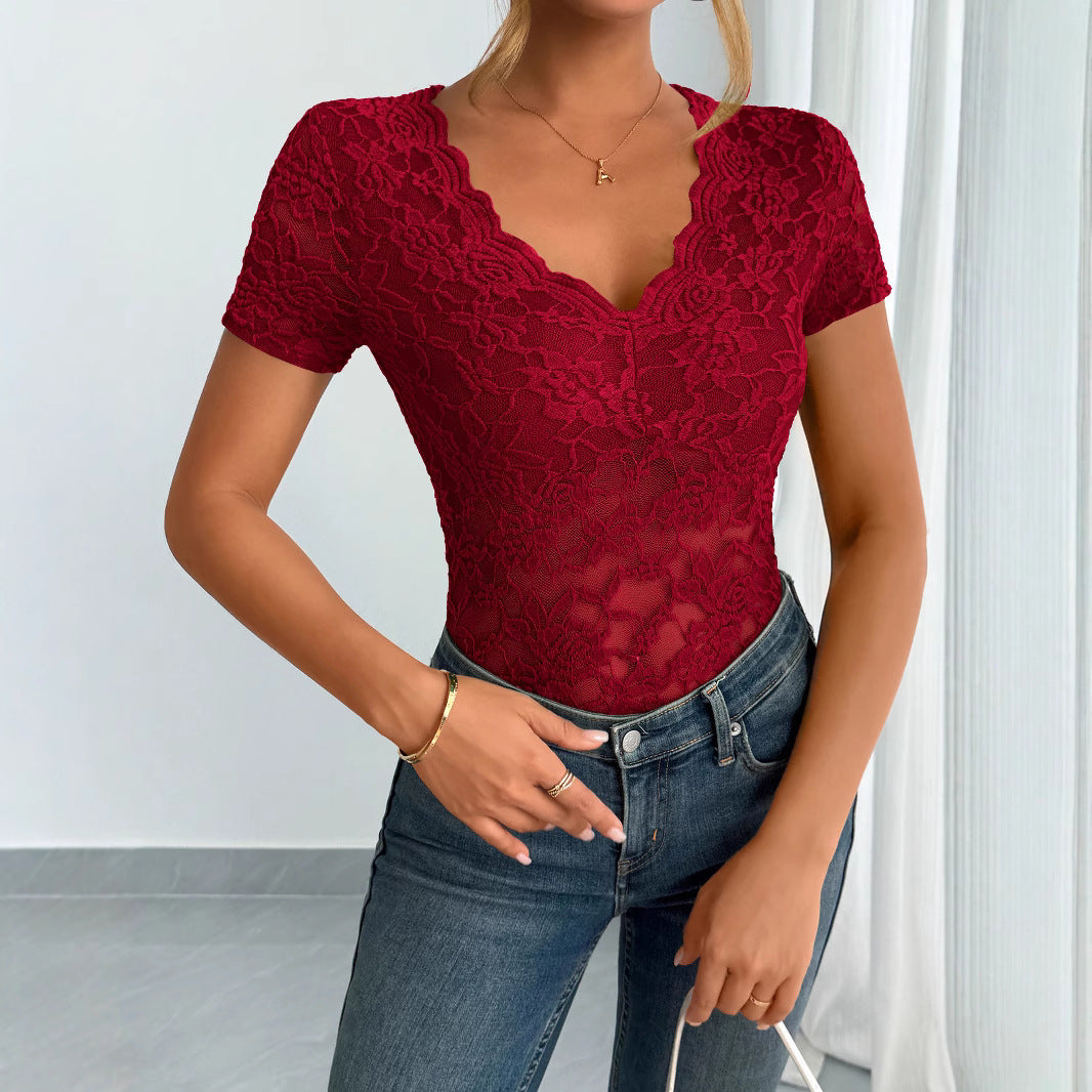 Womens Solid-Color Sexy Lace V-Neck Short-Sleeve Lace Base Top