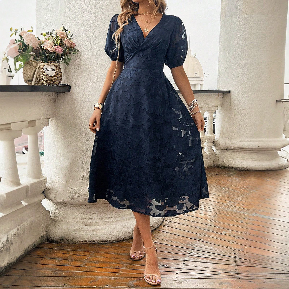 V-hals Højtaljet Vintage Elegant Kjole