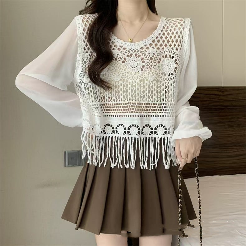 Women's Tassel Age-reducing Chiffon Patchwork Lace V-neck Shirt