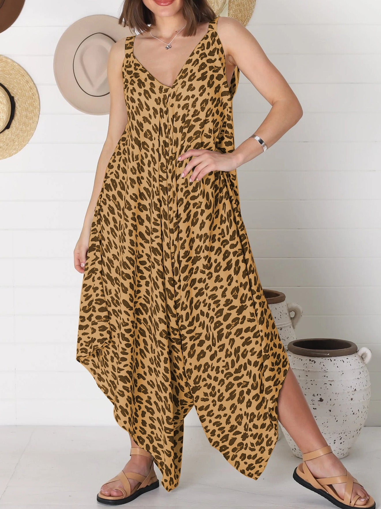 Suspender Leopard Print Wide Leg Jumpsuit